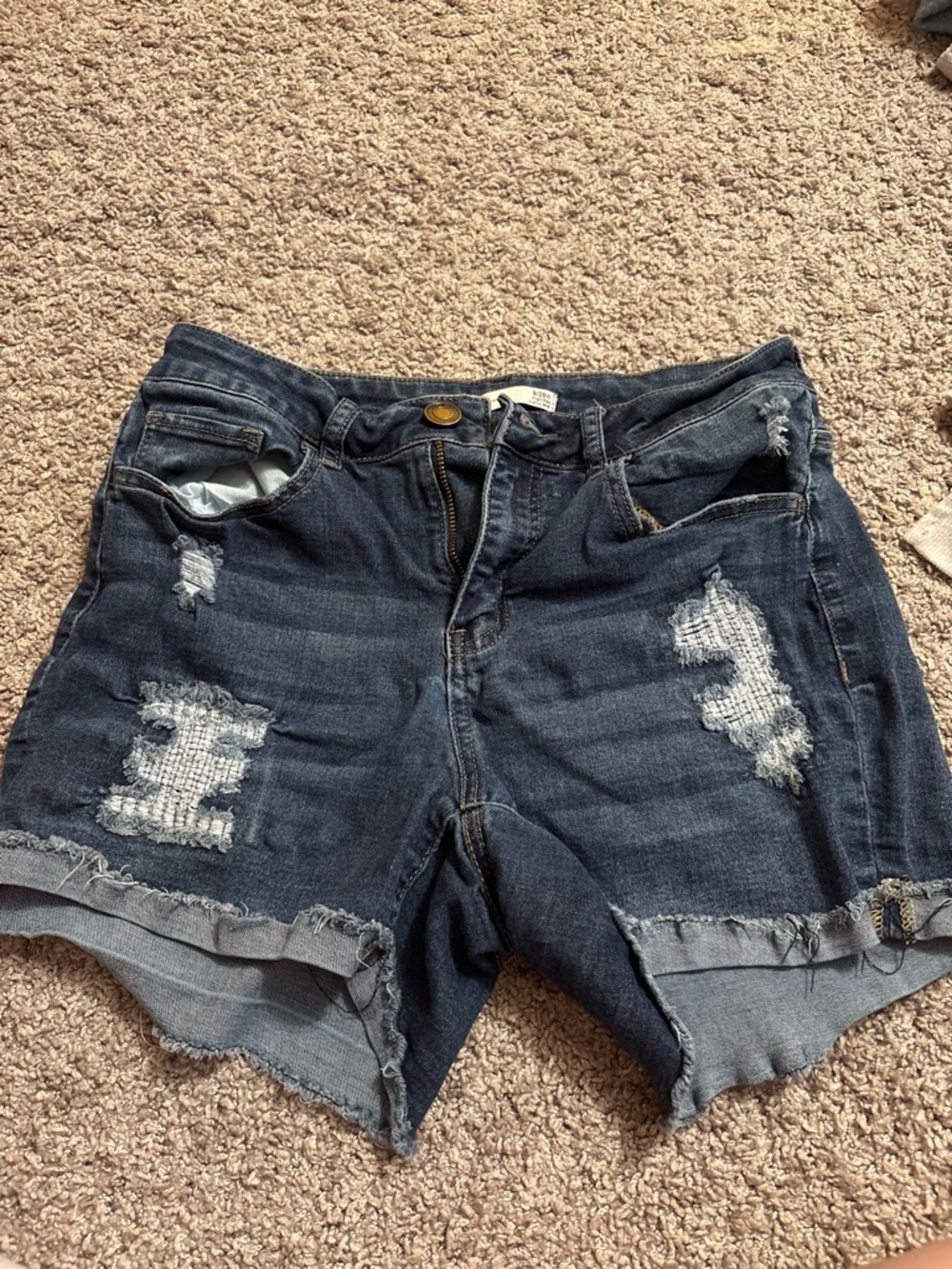 SO High-Waist Distressed Dark Indigo Denim Shorts